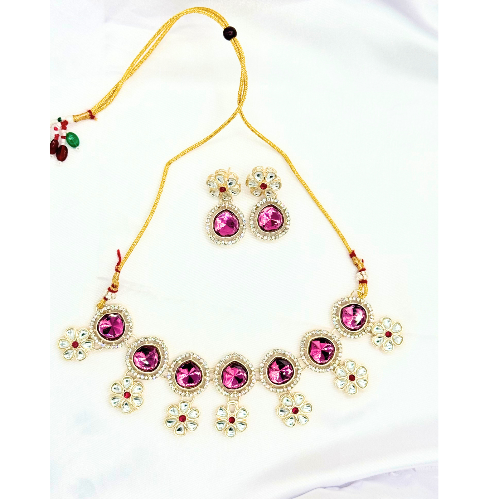 1 Royal Blossom Kundan Necklace Set – Pink Stone & Pearl Detailing - Image 1