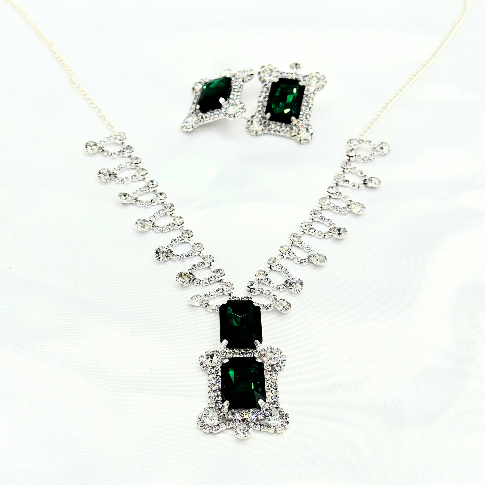 12 Emerald Green Crystal Necklace & Earring Set – Luxury Bridal and Party Wear Jewellery - Image 1
