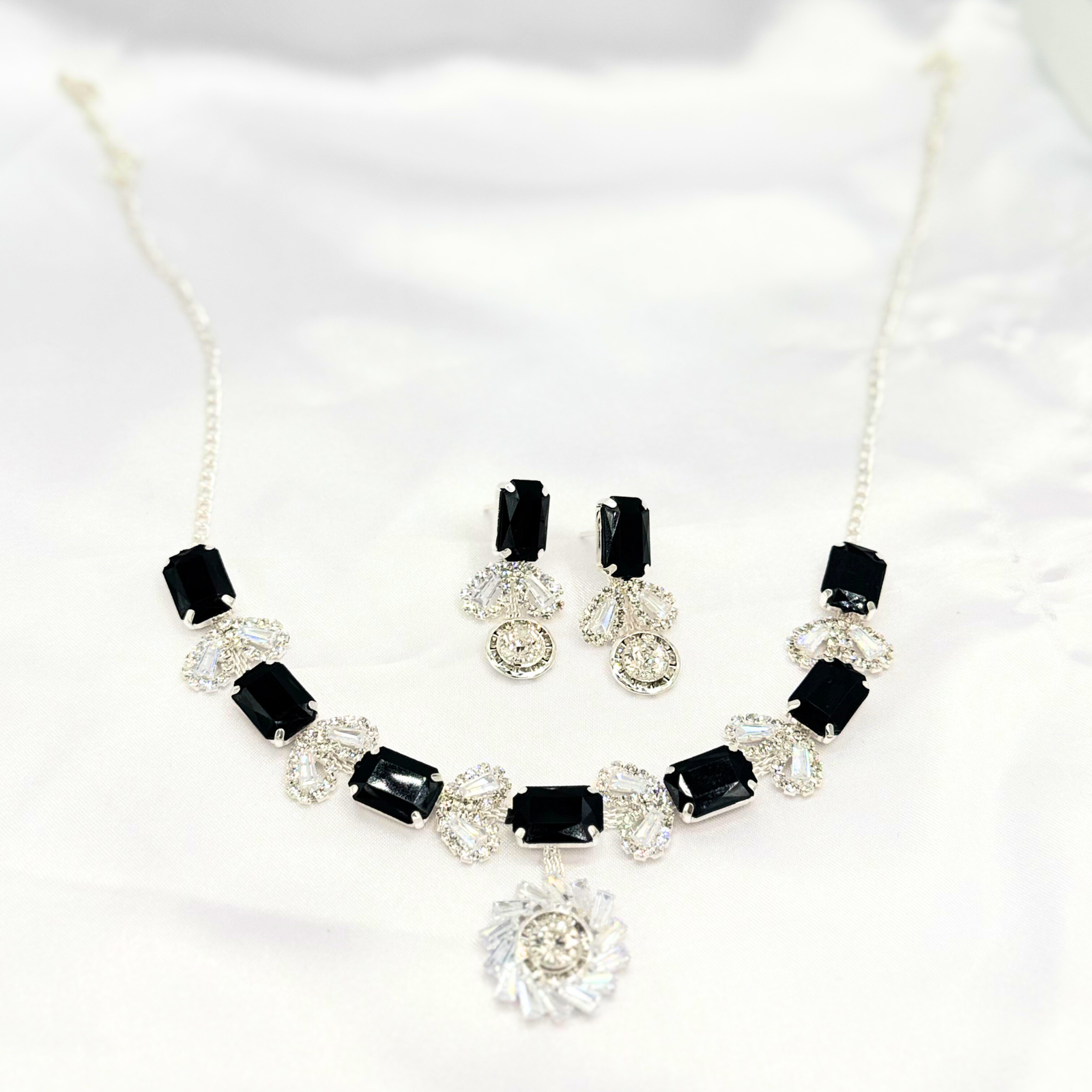 15 Black Crystal and Silver Necklace & Earring Set – Premium Party and Bridal Wear Jewellery by Imitica - Image 1