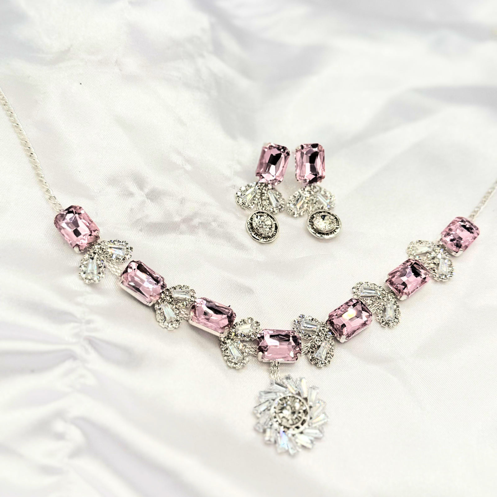19 Rose Radiance Jewelry Set – Pink Gemstone Necklace & Earrings, Silver-Plated Elegance - Image 1