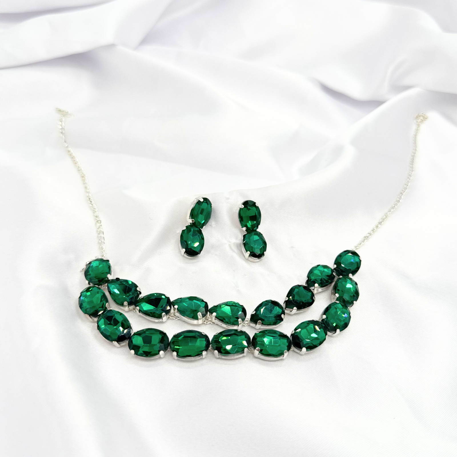 23 Emerald Grace Jewelry Set – Double Row Green Oval Gemstones Necklace & Earrings, Silver-Plated Elegance - Image 1