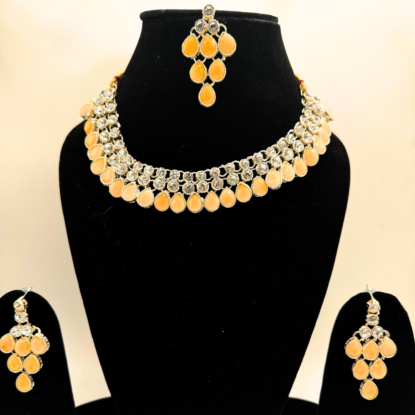 24 Peach and Crystal Kundan Necklace and Earring Set - Image 1