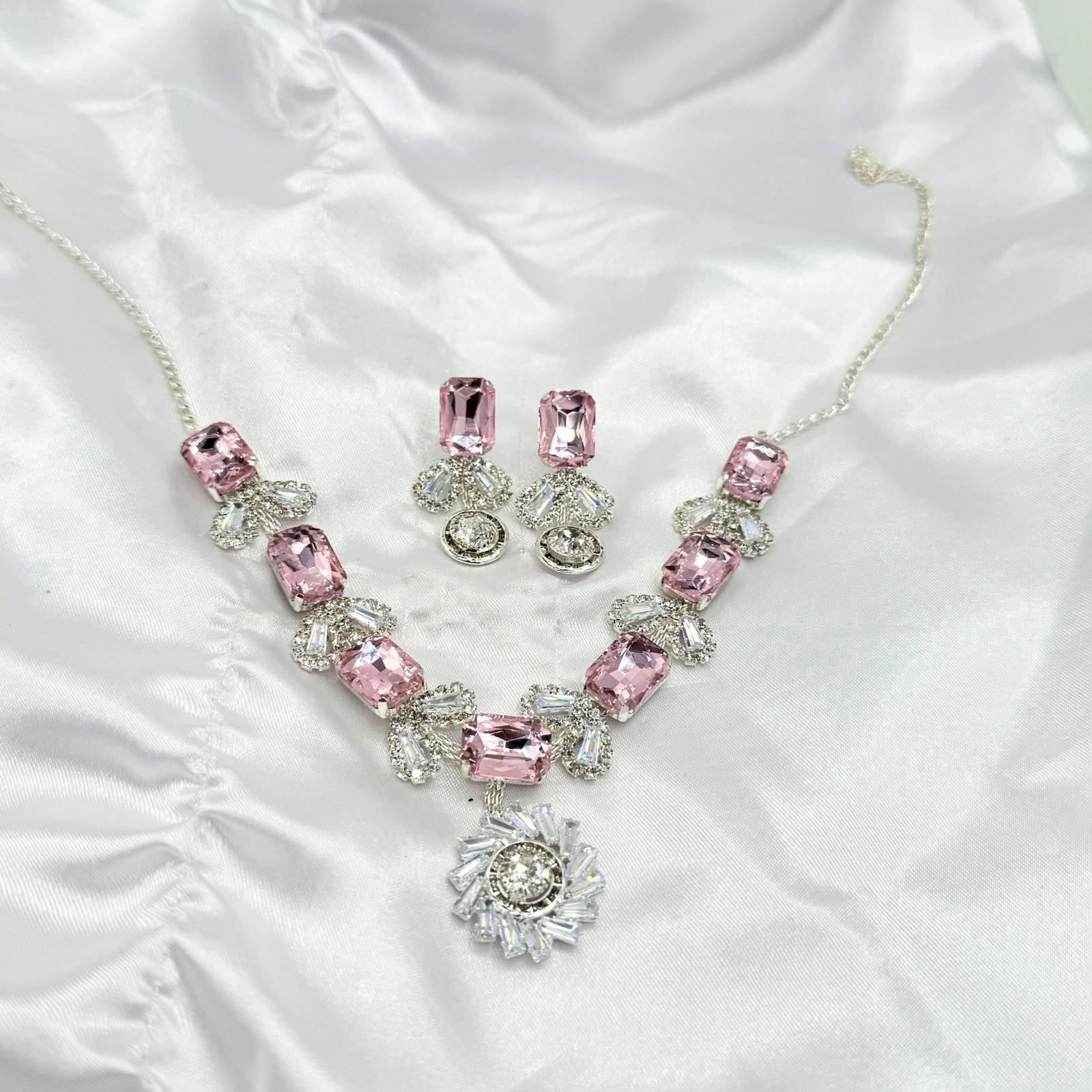 27 Pink Lumina Necklace & Earrings Set – Silver-Plated Oval Gemstones with Crystal Halo Design - Image 1