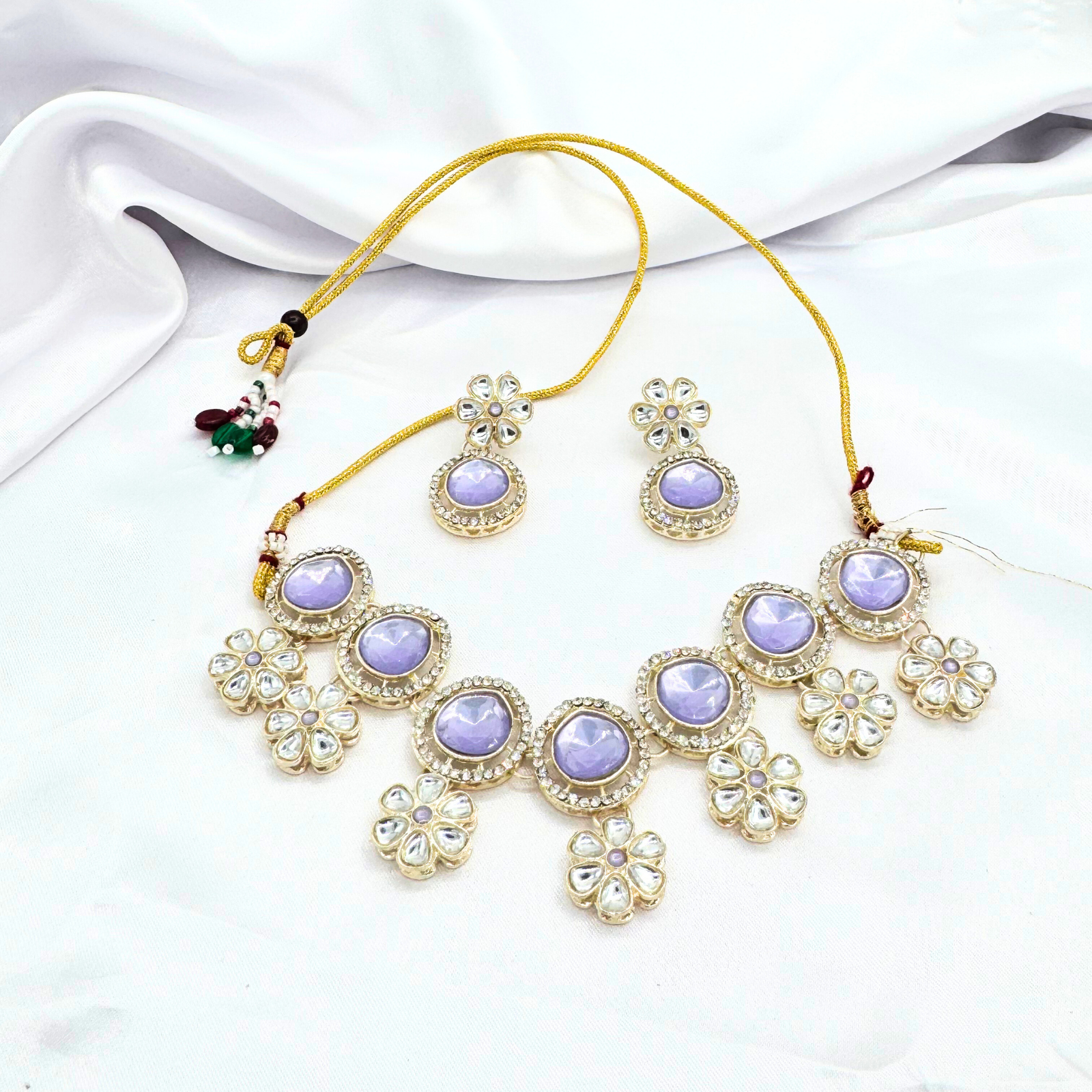 3 Lavender Dream Kundan Necklace Set – Floral Design with Earrings - Image 1