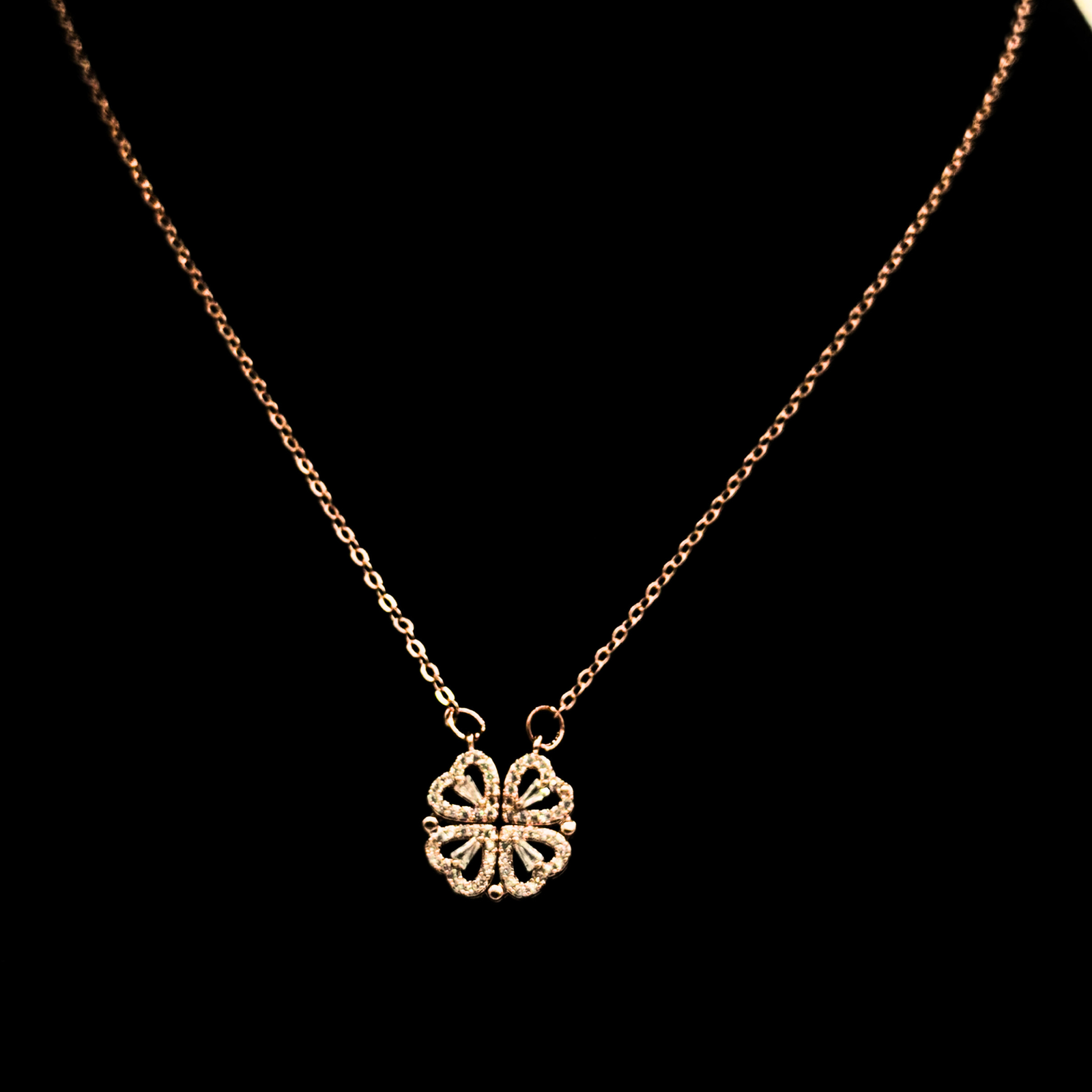 6 Lucky Clover Charm Necklace – Rose Gold with CZ Detailing - Image 1