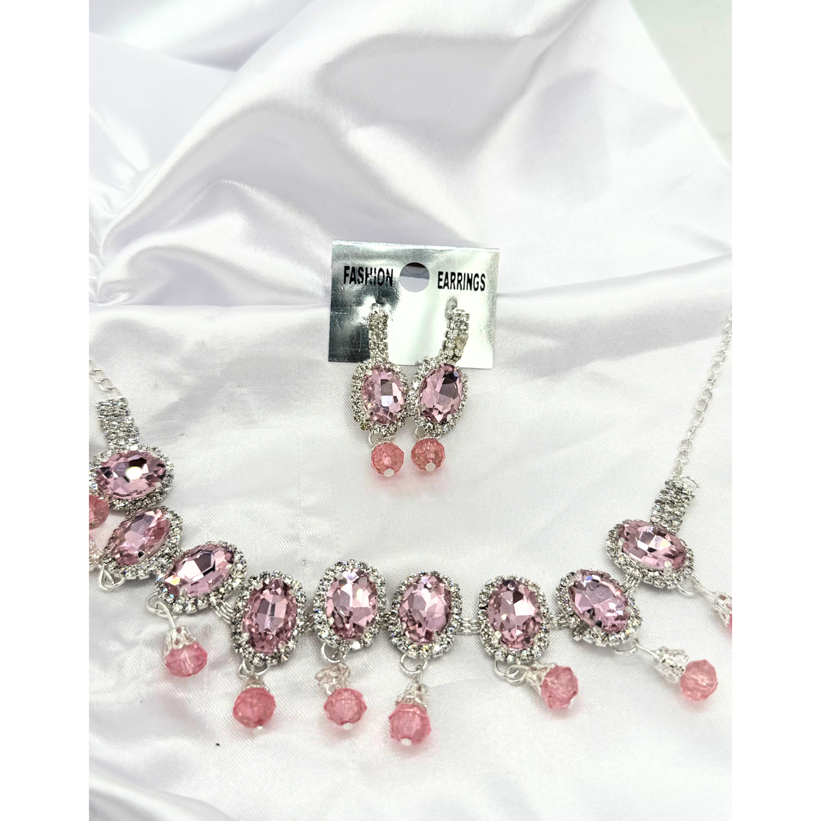 7 Elegant Pink Crystal Necklace & Earring Set – Designer Party Wear Fashion Jewellery - Image 1