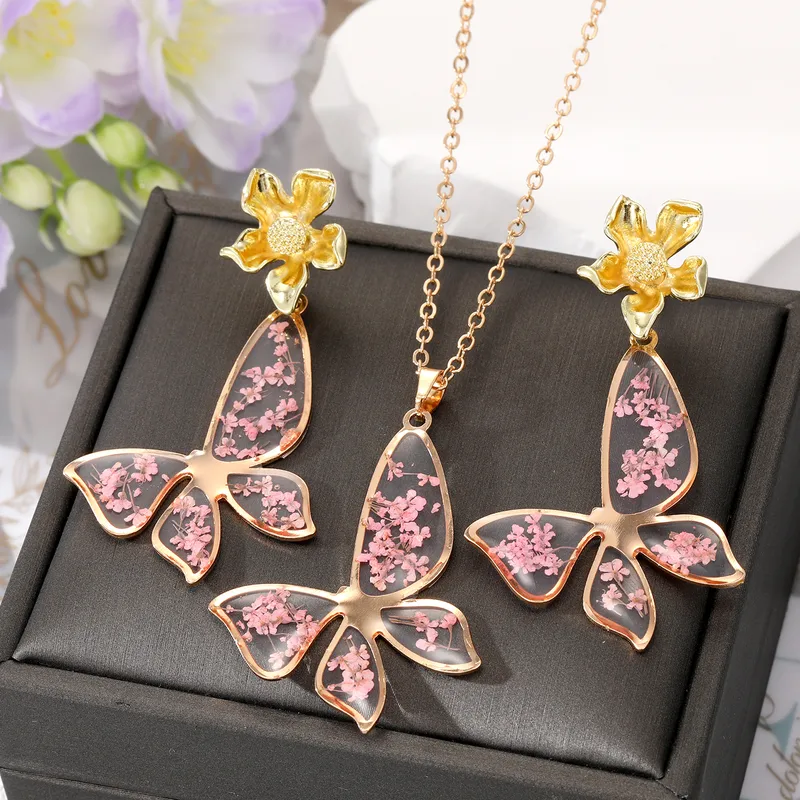 Fashion-Flower-Butterfly-Alloy-Epoxy-Alloy-Women-s-Ear-Studs-Necklace Fashion Flower Butterfly Alloy Epoxy Alloy Women's Ear Studs Necklace - Image 1