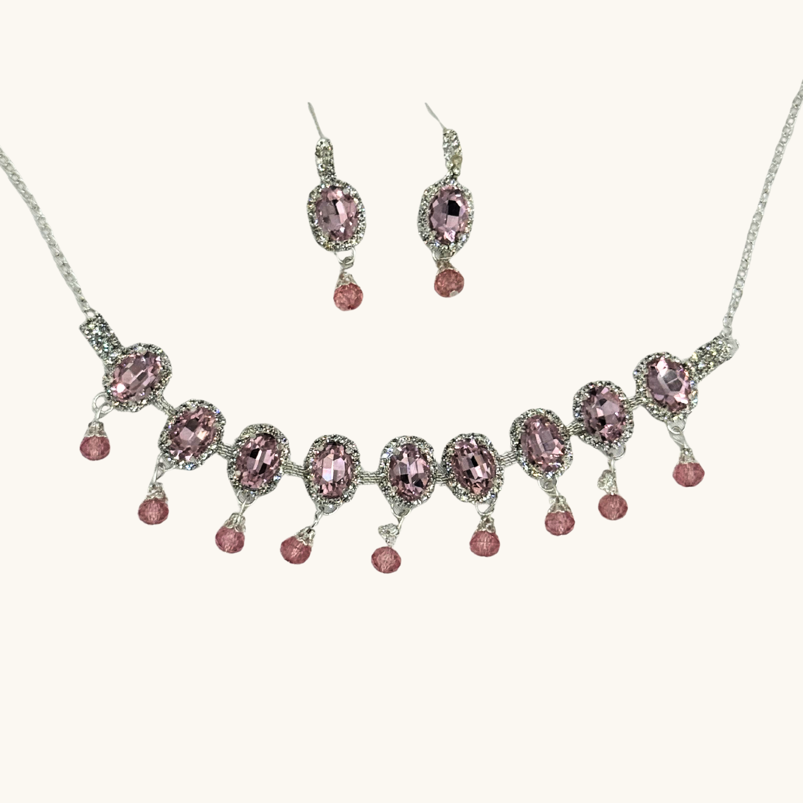 Untitled design (21) Blush Harmony Jewelry Set – Silver-Plated Necklace & Earrings with Oval Pink Gemstones - Image 1